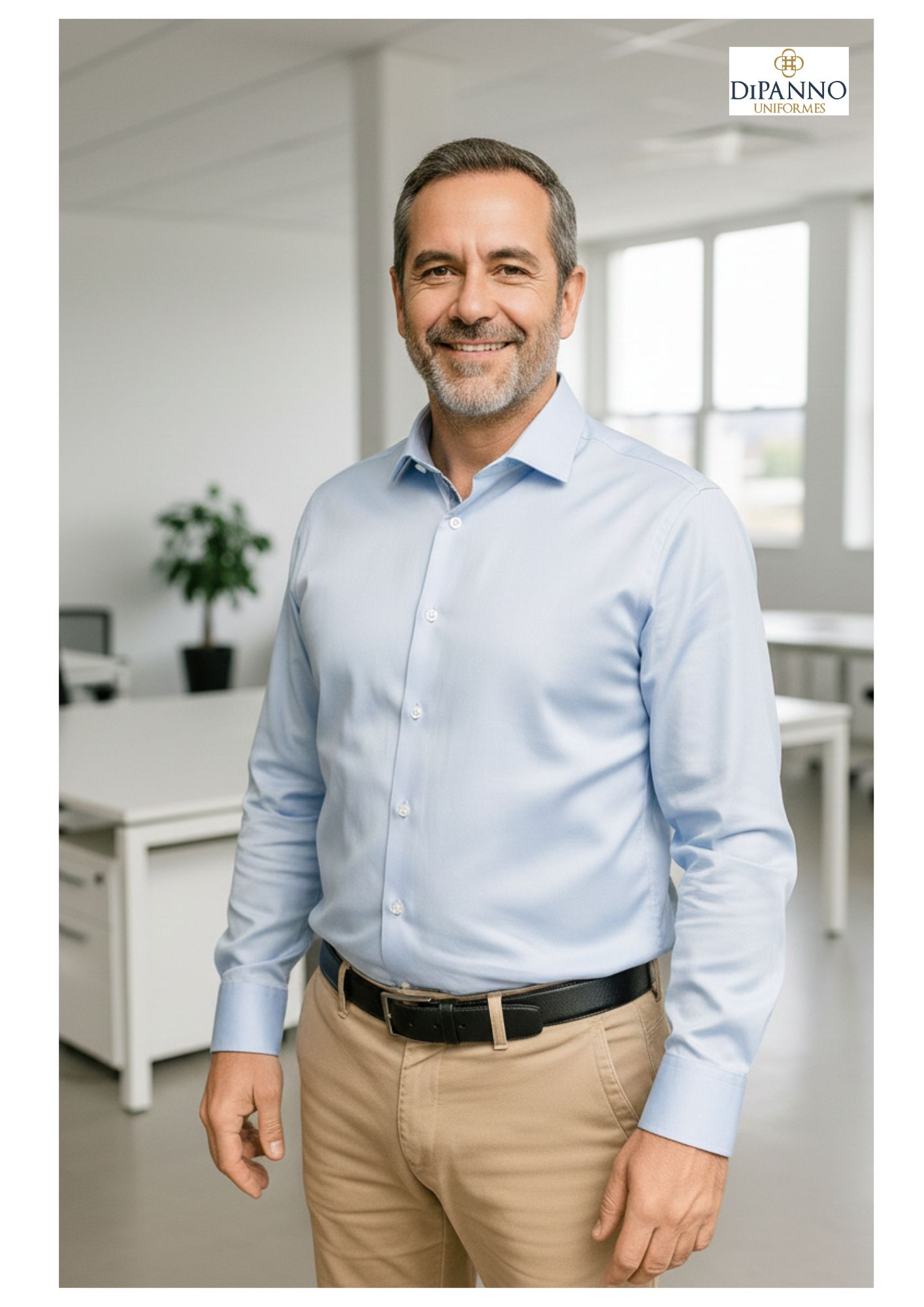 Camisa Social em Fustão Azul Claro e Calça Sarja com Stretch